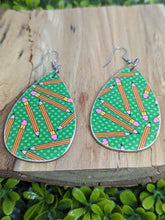 Load image into Gallery viewer, Teacher Green Pencil Wood Tear Drop Earrings