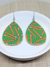 Load image into Gallery viewer, Teacher Green Pencil Wood Tear Drop Earrings