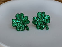 Load image into Gallery viewer, Shamrock Stud Earrings- Dark Green Sparkle