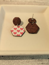 Load image into Gallery viewer, Heart Wood Stud Dangle Earrings