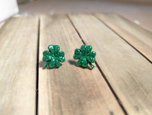 Load image into Gallery viewer, Shamrock Stud Earrings- Small Dark Green Sparkle