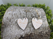 Load image into Gallery viewer, Pink & White Lace Patterned Wood Heart Dangle Earrings