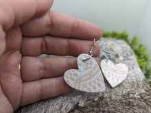Load image into Gallery viewer, Pink & White Lace Patterned Wood Heart Dangle Earrings