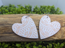 Load image into Gallery viewer, Pink & White Lace Patterned Wood Heart Dangle Earrings