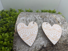 Load image into Gallery viewer, Pink & White Lace Patterned Wood Heart Dangle Earrings