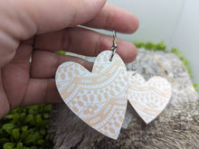 Load image into Gallery viewer, Pink & White Lace Patterned Wood Heart Dangle Earrings
