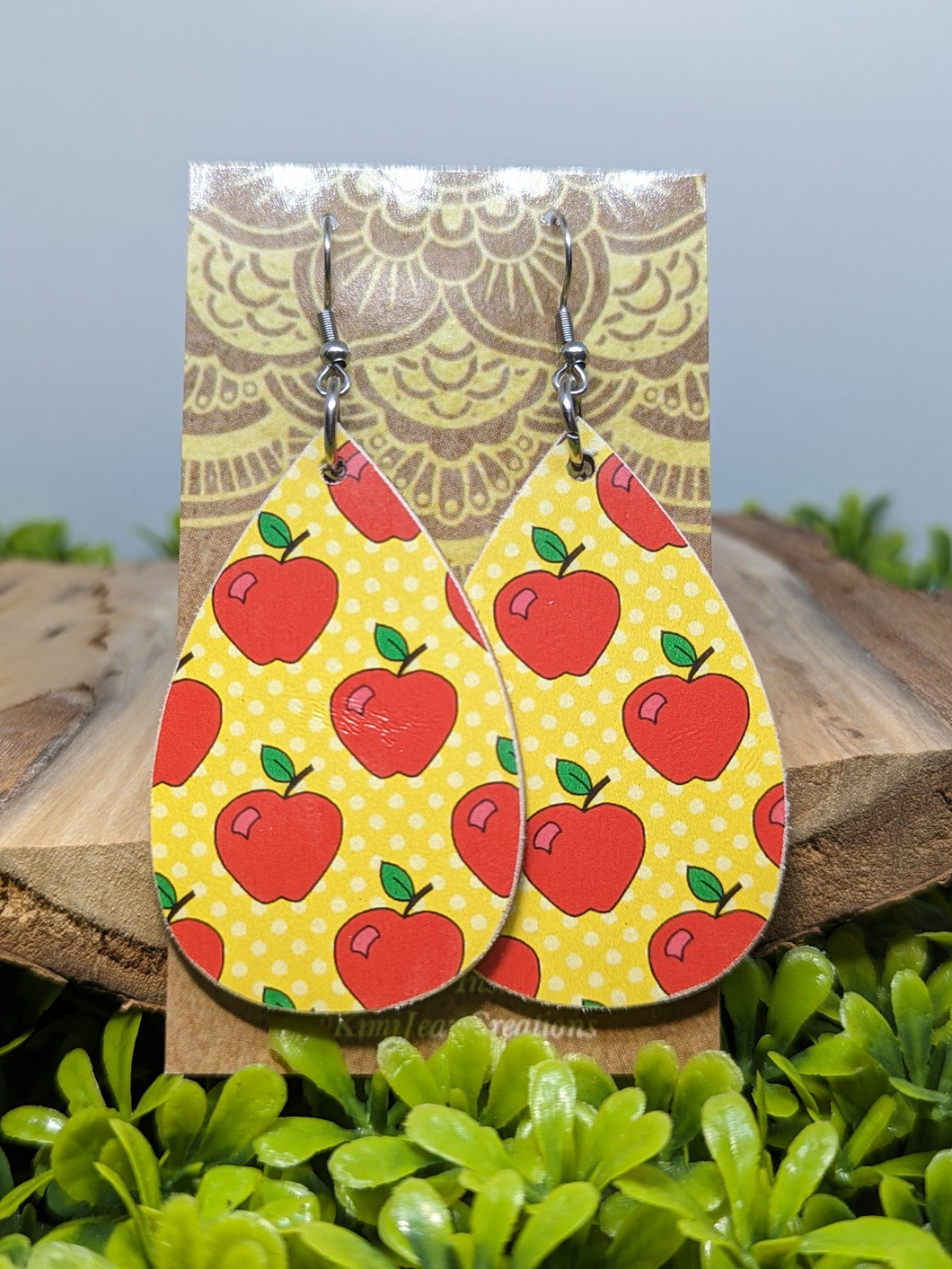 Teacher Red Apple Wood Tear Drop Earrings