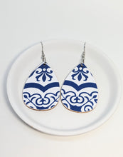 Load image into Gallery viewer, Blue &amp; White Tile inspired Wood Tear Drop Earrings
