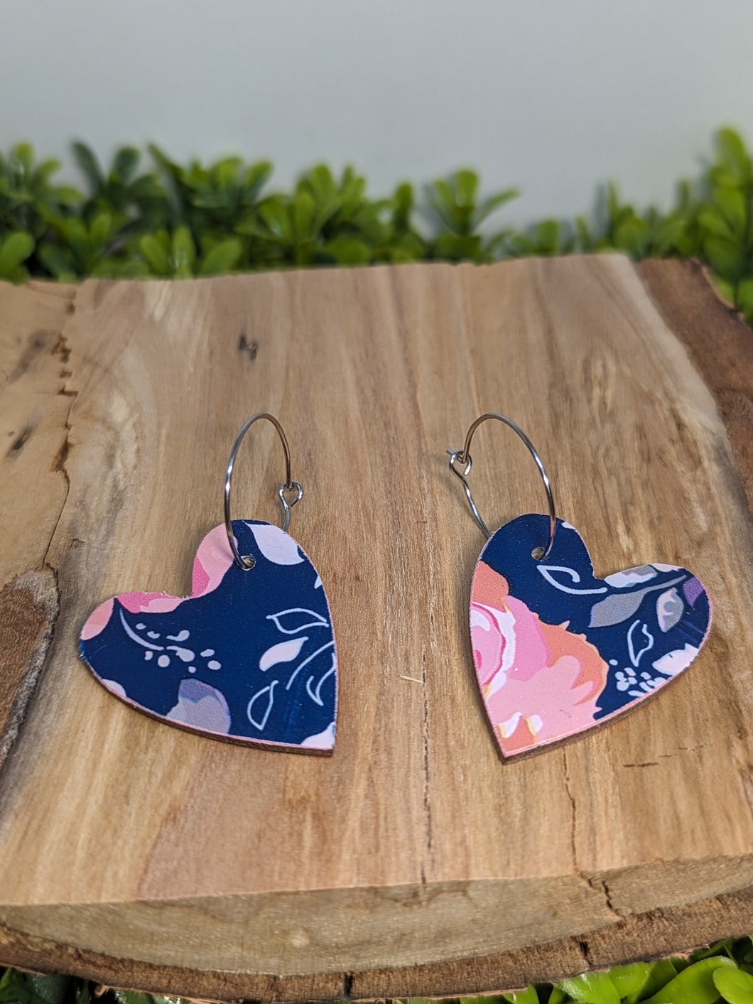 Blue Floral Wood Heart Hoop Earrings