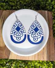 Load image into Gallery viewer, Blue &amp; White Tile inspired Wood Tear Drop Earrings
