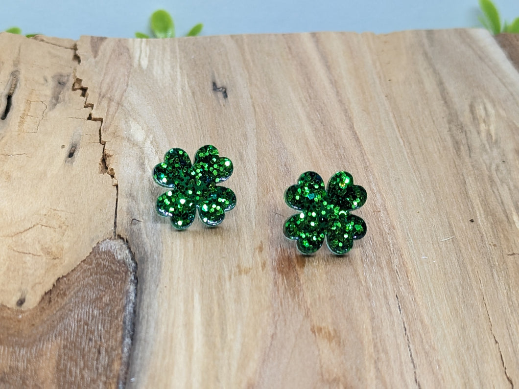 Shamrock Post Resin Earrings- Green Glitter