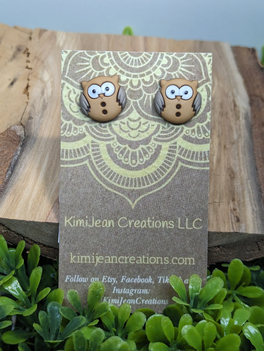 Owl Brown Button Stud Earrings