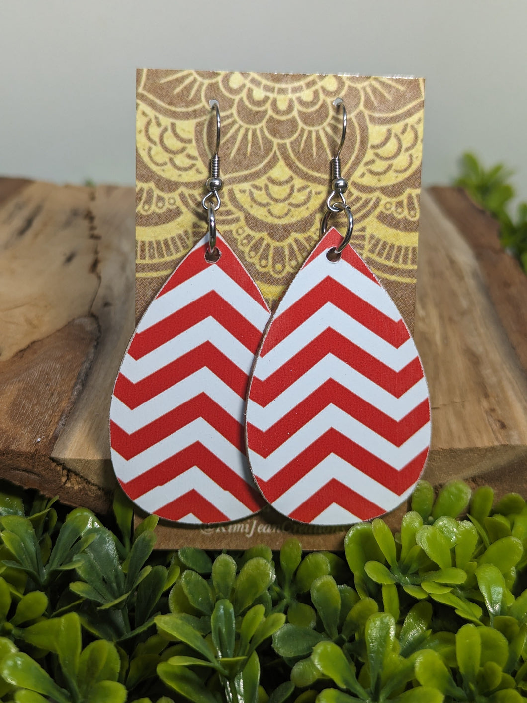 Red & White Chevron Wood Earrings