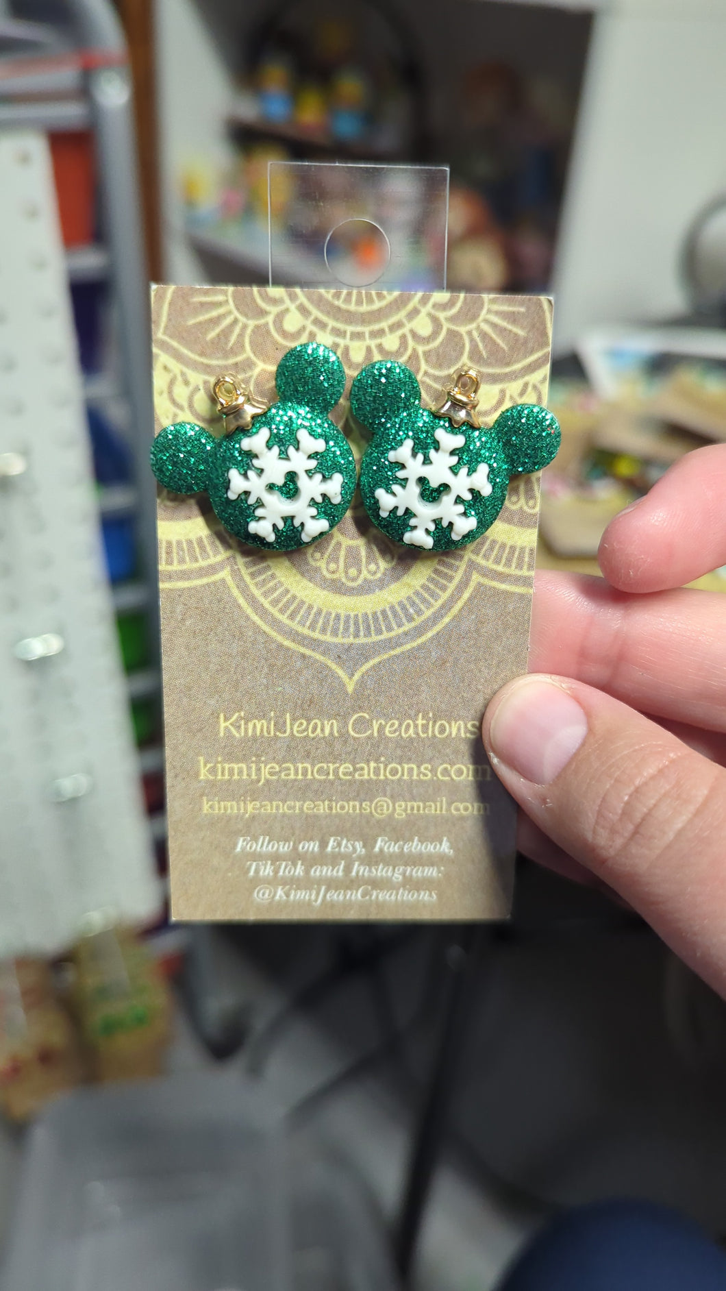 Green Mickey Snowflake Ornament Stud Earrings