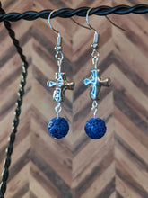 Load image into Gallery viewer, Royal Blue Lava Diffuser Earrings with Silver Cross
