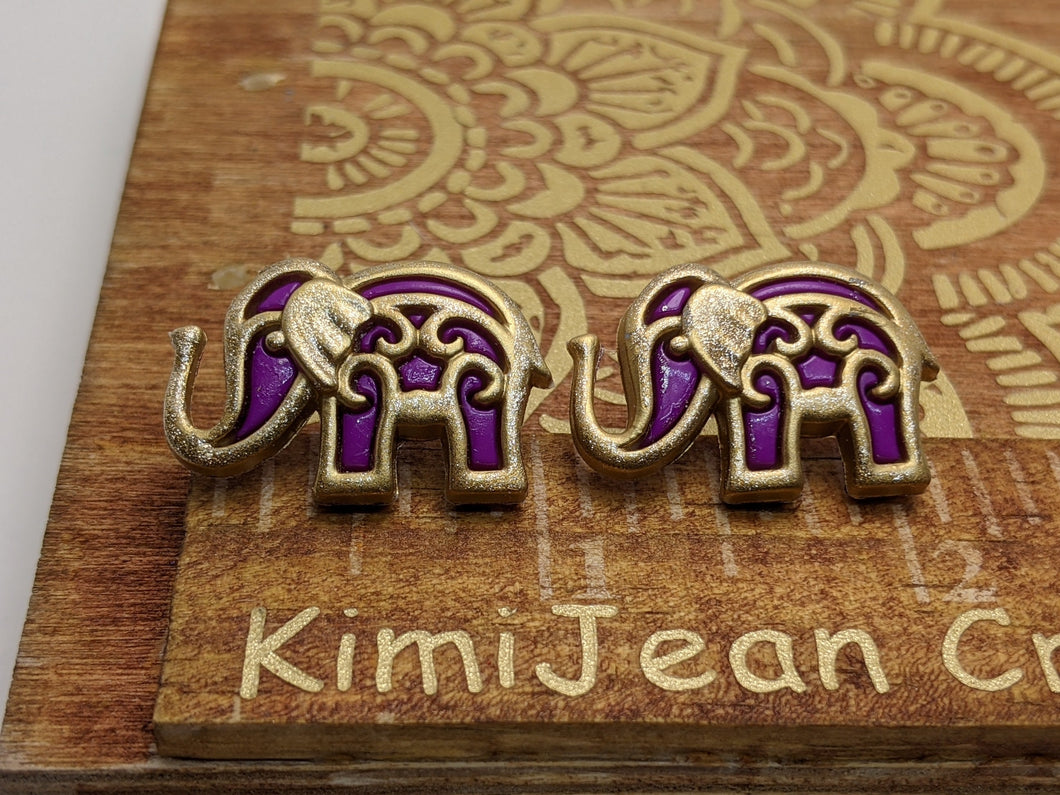 Bollywood Purple & Gold Elephant Stud Earrings