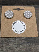 Load image into Gallery viewer, Grey &amp; White Polka Dot Wood Stud Earrings
