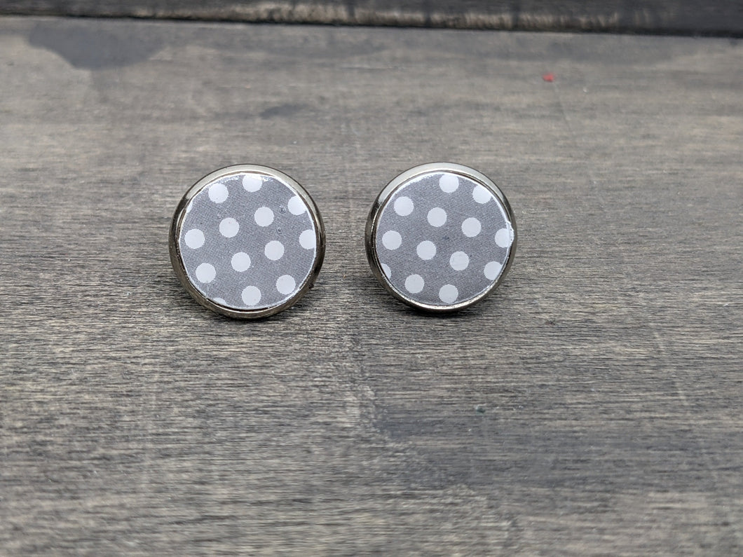 Grey & White Polka Dot Wood Stud Earrings