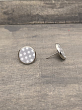 Load image into Gallery viewer, Grey &amp; White Polka Dot Wood Stud Earrings
