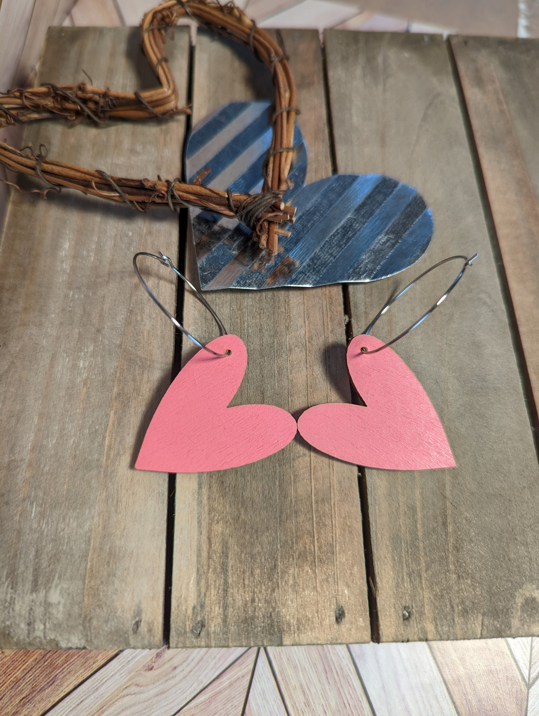 Pink Wooden Heart Large Hoops