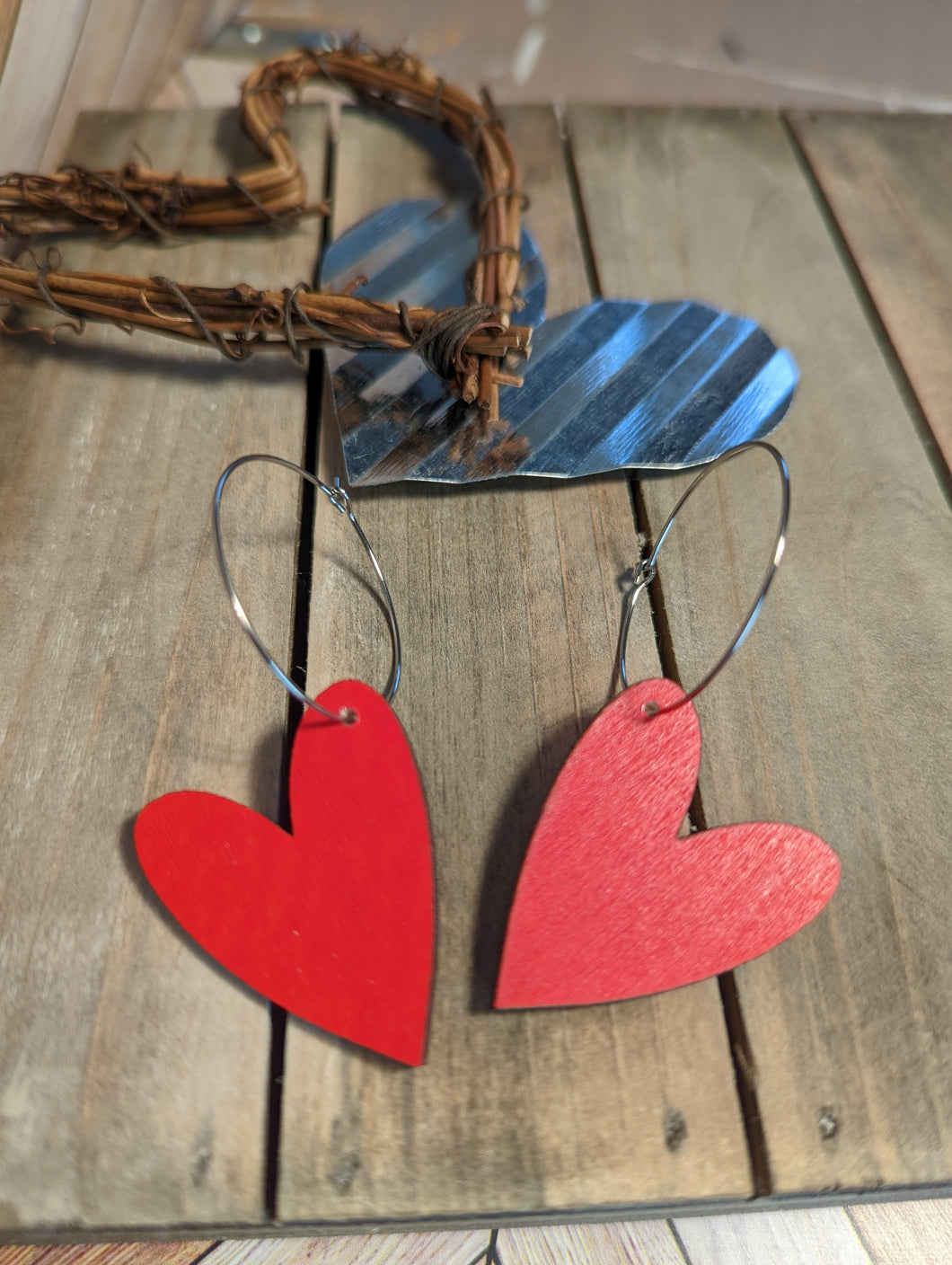 Red Wooden Heart Large Hoops