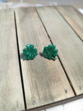 Load image into Gallery viewer, Shamrock Stud Earrings- Small Dark Green Sparkle
