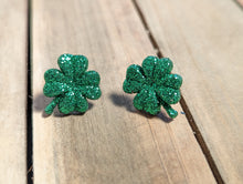 Load image into Gallery viewer, Shamrock Stud Earrings- Small Dark Green Sparkle
