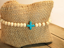 Load image into Gallery viewer, Turquoise Quartefoil Cross Diffuser Essential Oil Bracelet - Bare Wood
