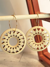 Load image into Gallery viewer, Geometric Laser Cut Wood Round Gold Hoop Earrings

