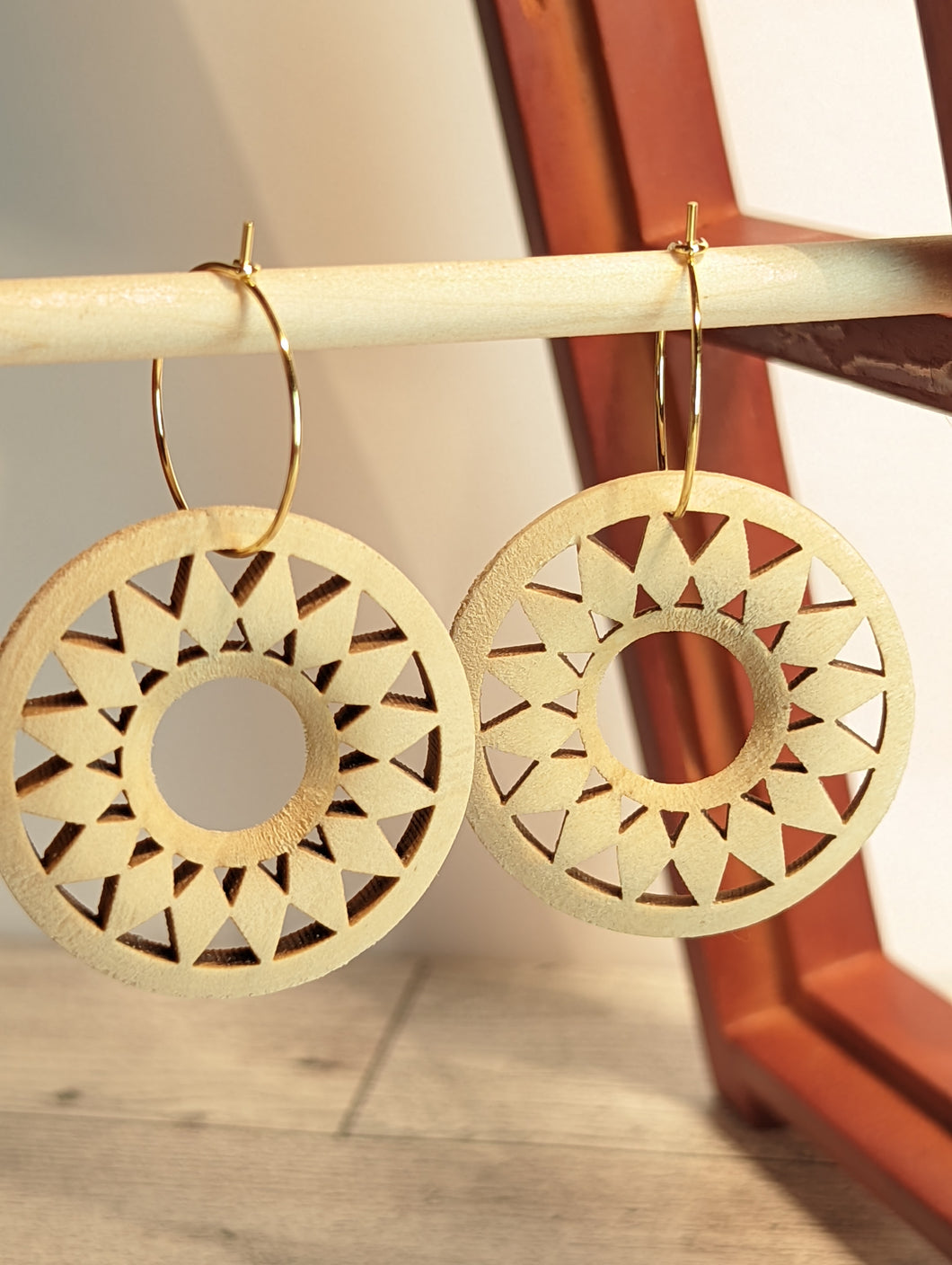 Geometric Laser Cut Wood Round Gold Hoop Earrings