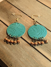 Load image into Gallery viewer, Turquoise Faux Leather Earrings with Brown accent beads
