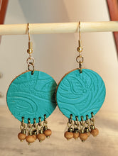 Load image into Gallery viewer, Turquoise Faux Leather Earrings with Brown accent beads
