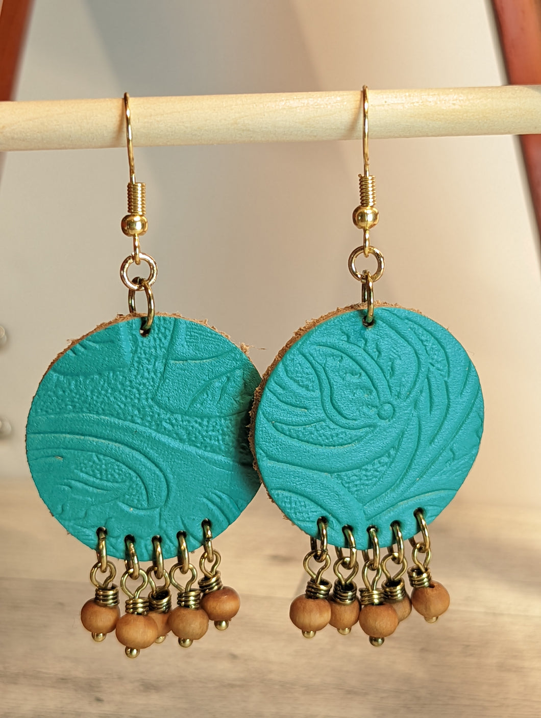 Turquoise Faux Leather Earrings with Brown accent beads