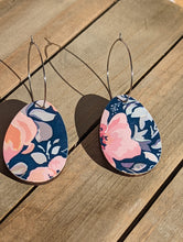 Load image into Gallery viewer, Wood Oval Hoop Earrings- Blue Floral
