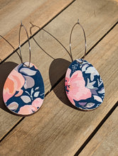 Load image into Gallery viewer, Wood Oval Hoop Earrings- Blue Floral
