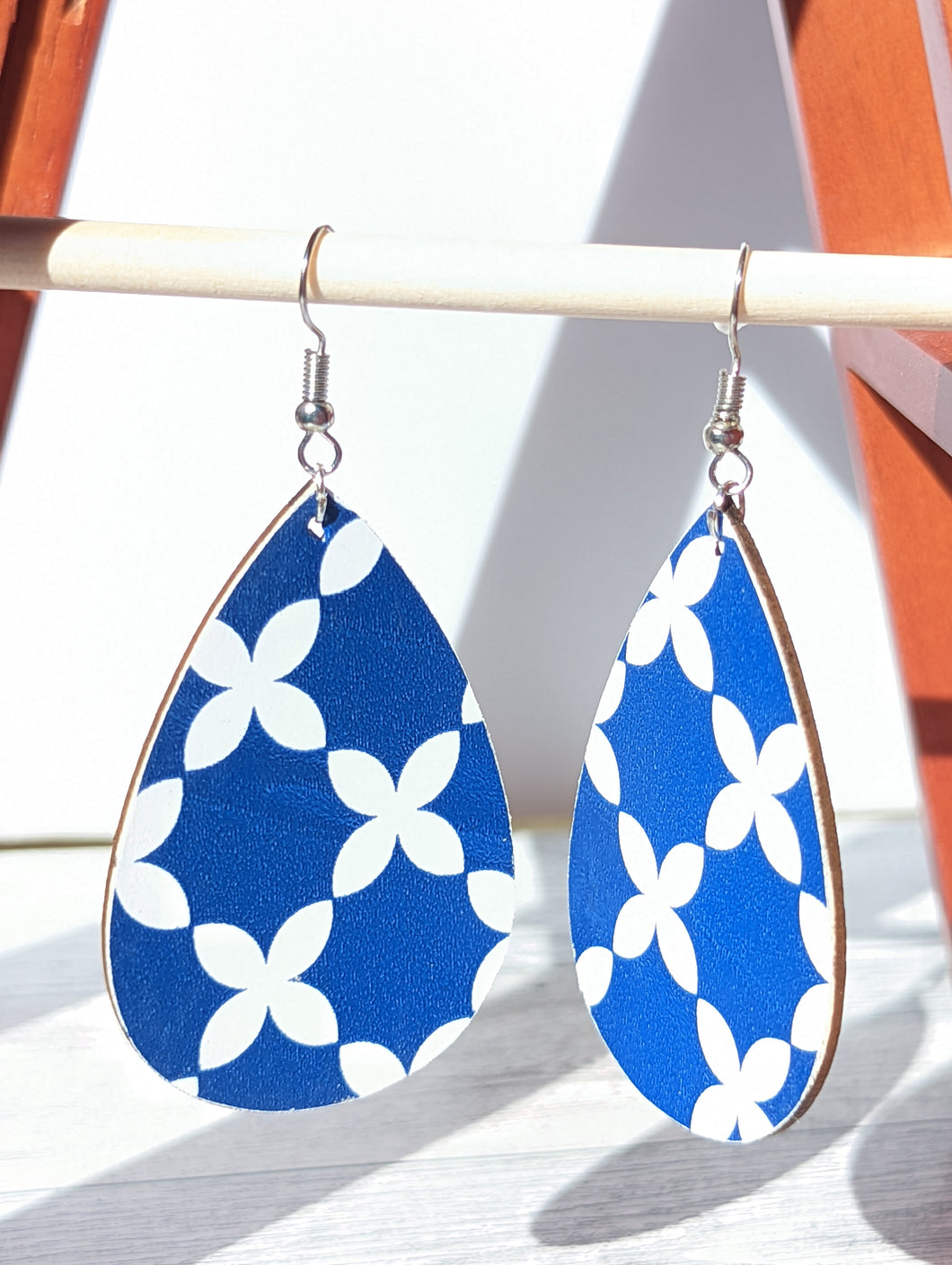 Blue & White Tile inspired Wood Tear Drop Earrings