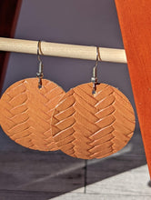 Load image into Gallery viewer, Round Cognac Textured Faux Leather Earrings
