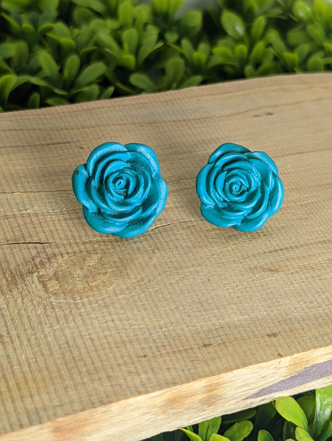 Rose Teal Flower Stud Earrings