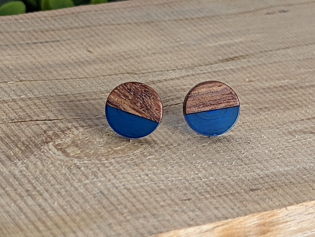 Wood & Resin Stud Earrings- Blue