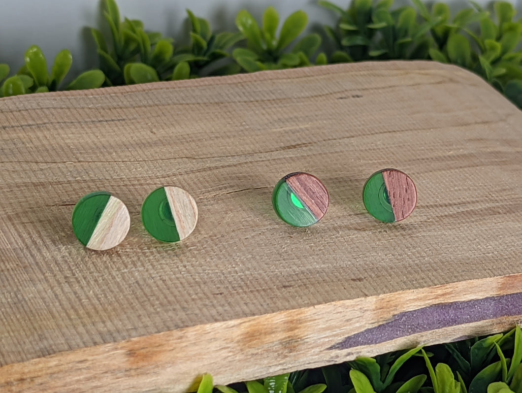 Wood & Resin Stud Earrings- Green