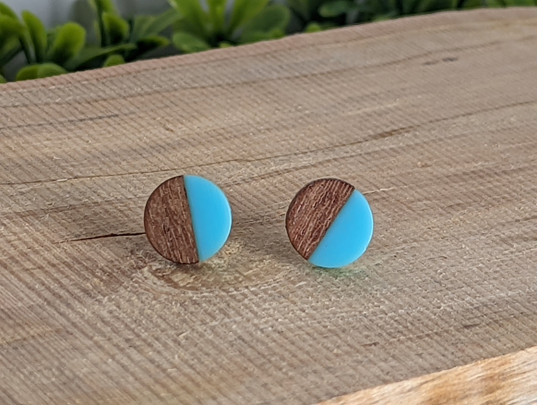 Wood & Resin Stud Earrings- Light Blue