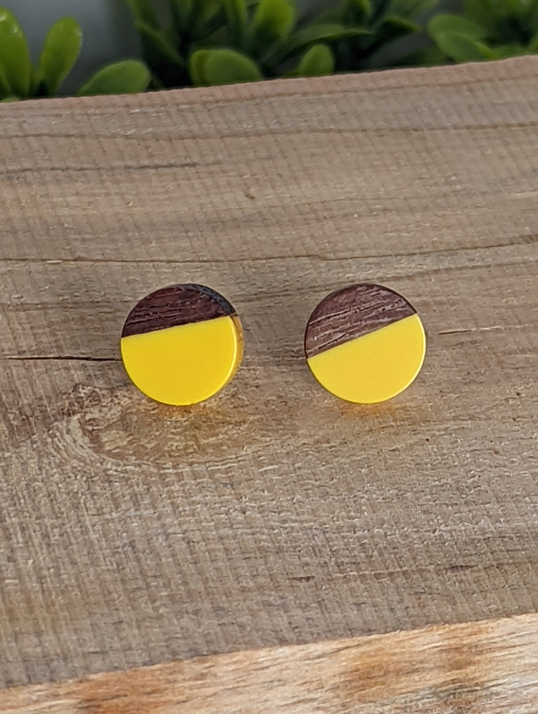 Wood & Resin Stud Earrings- Yellow