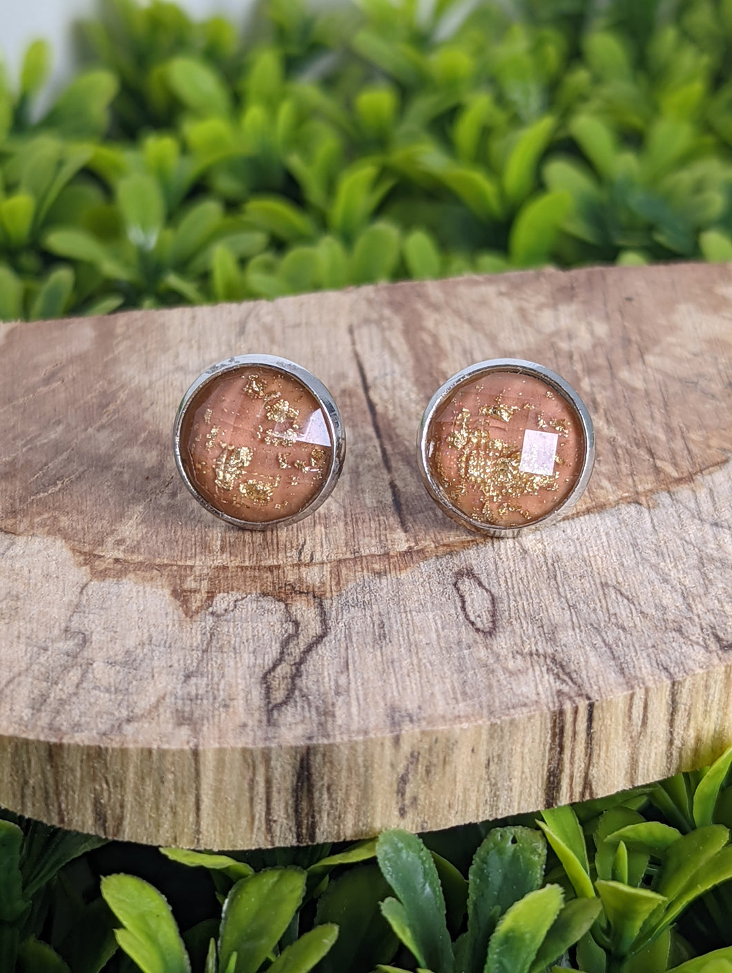 Faceted Terra Cotta Gold with Silver Leaf Stud Earrings