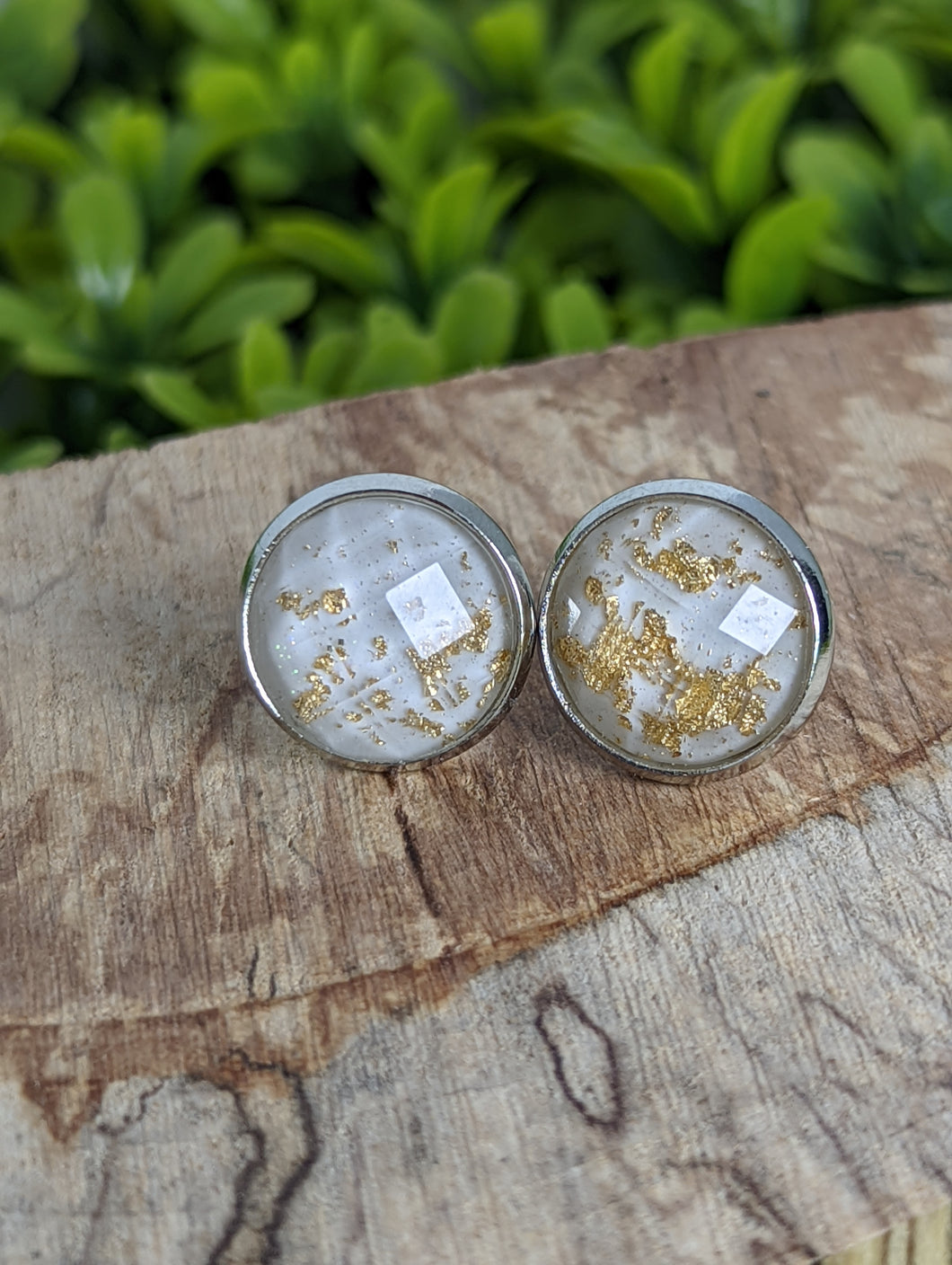 Faceted White Gold Leaf with silver Stud Earrings