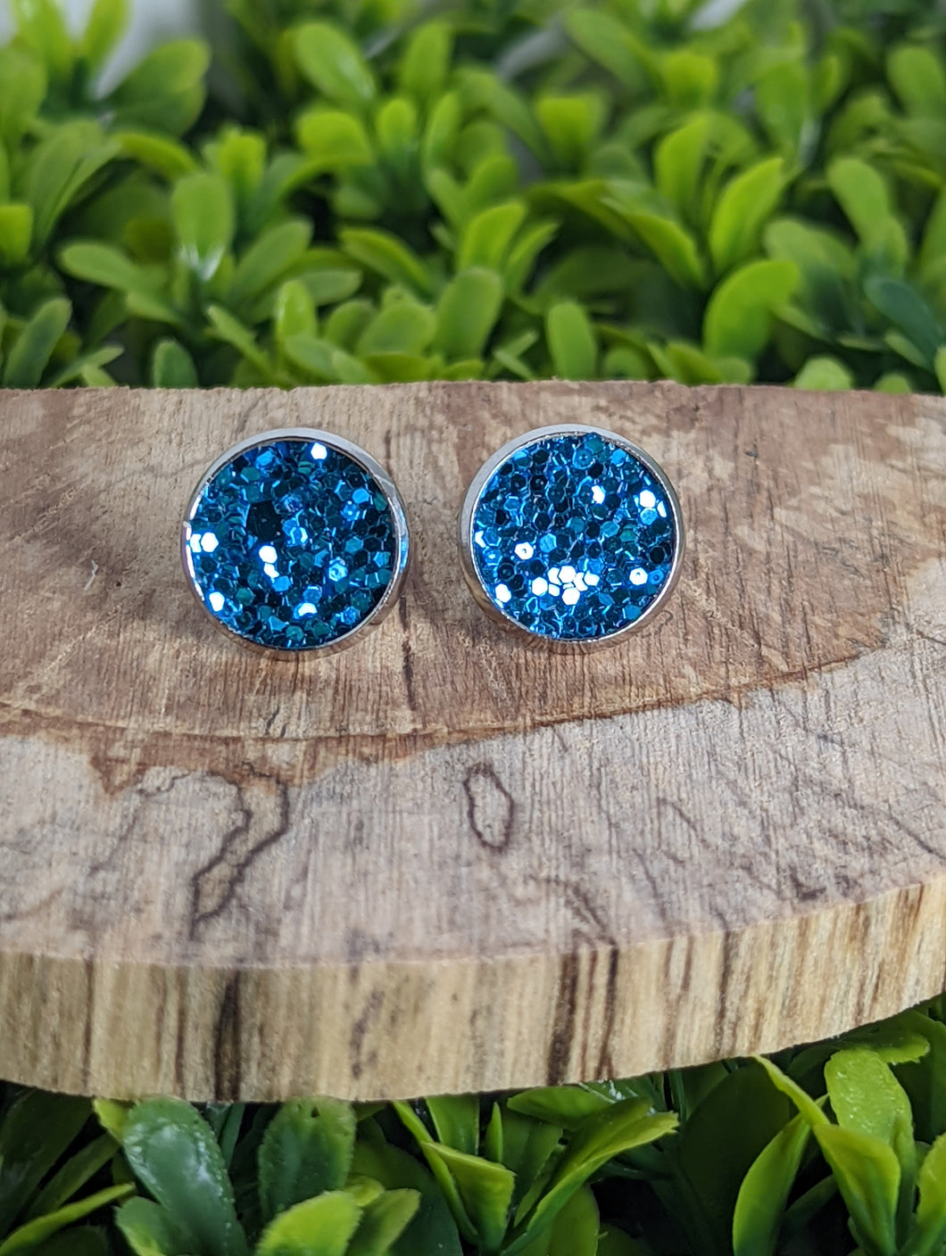 Blue Glitter Faux Leather Stud Earrings