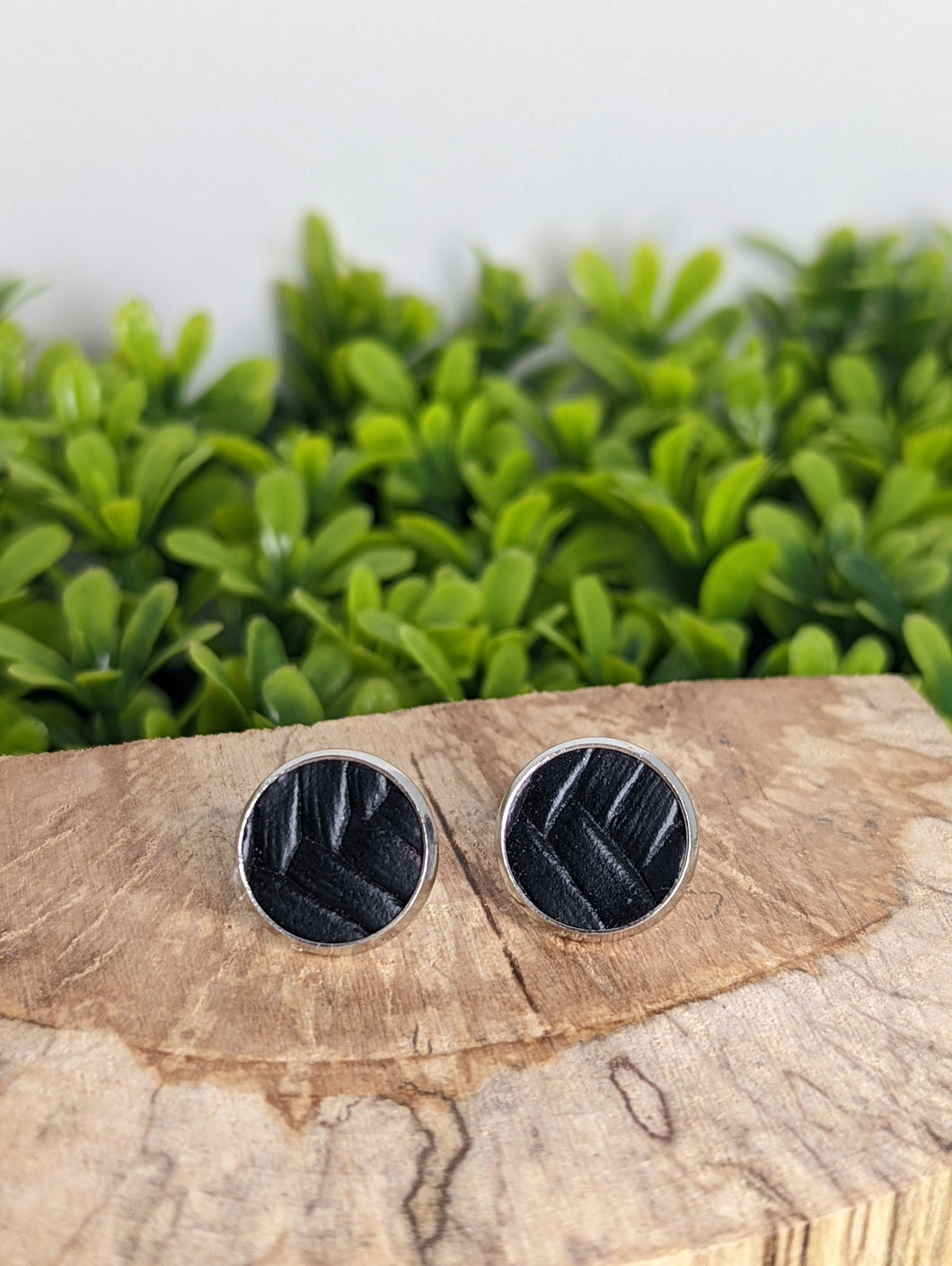 Black Textured Faux Leather Stud Earrings