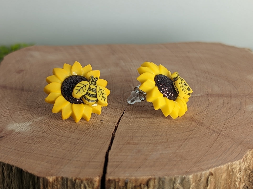 Sunflower with Bumblebee Stud Earrings