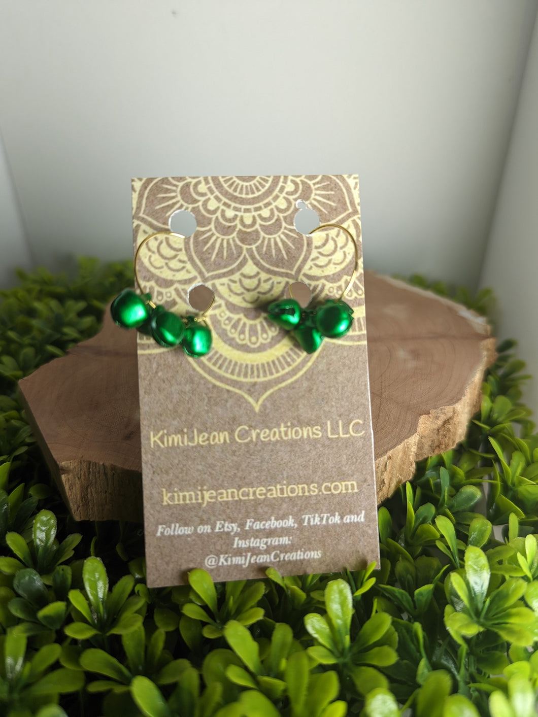 Green Christmas Bell Earrings with Gold Hoop