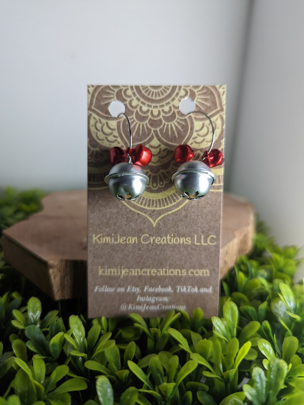 Red & Silver  Christmas Bell Earrings with  Silver Hoop