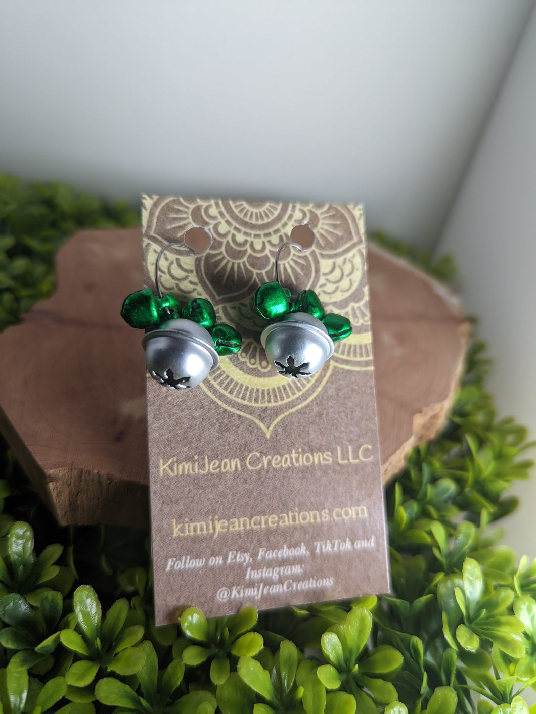 Green & Silver  Christmas Bell Earrings with  Silver Hoop
